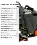 Side view of Self Propelled 22 Inch Walk Behind Floor Scrubber Dryer with specifications, LiFePO4 Battery, and adjustable speed features.