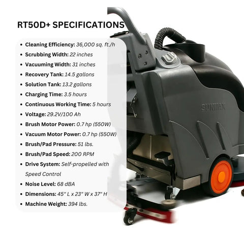 Side view of Self Propelled 22 Inch Walk Behind Floor Scrubber Dryer with specifications, LiFePO4 Battery, and adjustable speed features.