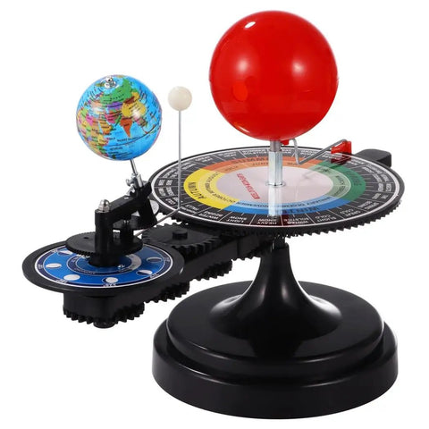 Hands On Solar System Model With Light For Kids And Teens, Totally Kid Friendly Orrery That Demonstrates Sun Earth Moon Dynamics In A Fun Planetarium Science Kit. Plastic model with red sun, globe, and black base