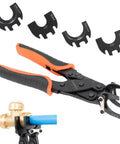 Handy Disconnect Tongs For Quick Push To Connect Fittings Removal Of 1/2 Inch, 3/4 Inch, And 1 Inch Brass Pipe Fittings With Interchangeable Adapters