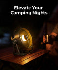 Rechargeable 20000mAh Portable Fan With 4 Speed Settings 9 Inch Blade 270 Degree Rotatable LCD Display And Built In Light Long Battery Life For Camping Outdoors Tent Office Travel RV Black shown on a table at night