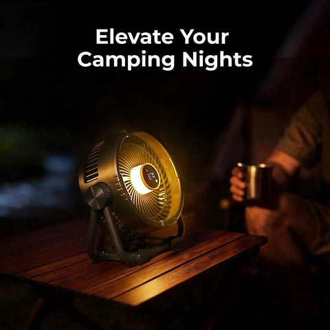Rechargeable 20000mAh Portable Fan With 4 Speed Settings 9 Inch Blade 270 Degree Rotatable LCD Display And Built In Light Long Battery Life For Camping Outdoors Tent Office Travel RV Black shown on a table at night
