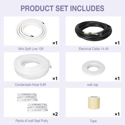 Product set for 13 Ft Mini Split Line Set 1/4 And 3/8 Inch AC Copper Tubing featuring cables and hoses.