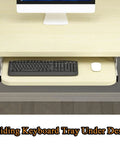 Under Desk Keyboard Tray Pull Out Drawer With Buttery Smooth Glide Rails Height Adjustable Ergonomic Mouse Pad Shelf Major Work From Home Upgrade Quick Plug And Play Install mounted under a light wood desk with a black keyboard and white mouse.