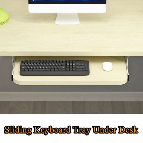 Under Desk Keyboard Tray Pull Out Drawer With Buttery Smooth Glide Rails Height Adjustable Ergonomic Mouse Pad Shelf Major Work From Home Upgrade Quick Plug And Play Install mounted under a light wood desk with a black keyboard and white mouse.