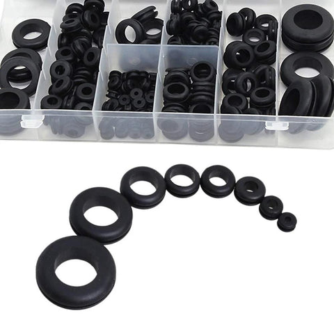 Rubber Grommet Assortment Kit 180 Pcs With O Ring Washers Made From NBR in storage box, various sizes for cable protection