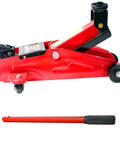 Red 2-ton hydraulic floor jack with long replacement handle and black grip for automotive use