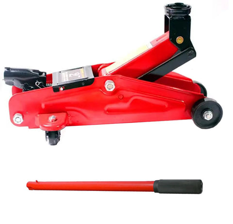 Red 2-ton hydraulic floor jack with long replacement handle and black grip for automotive use