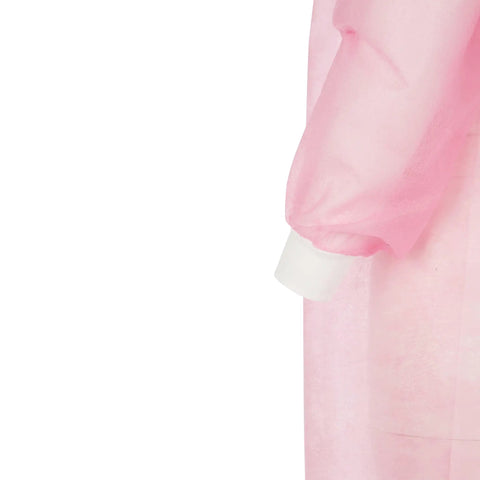 Close-up of the sleeve on a Universal Size Pink Disposable Isolation Gown Latex Free With Fluid Resistance And Knitted Cuffs Medical PPE Shield.