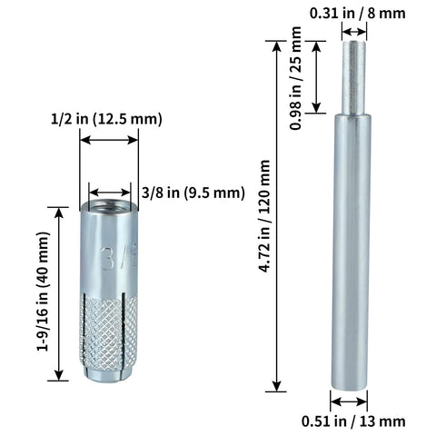 30 Pcs Drop In Anchors With Hand Setting Tool For Concrete, Three Eighths Inch Sixteen Female Thread Expansion Anchors, dimensions shown.