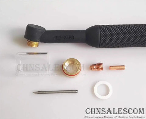 Components of 7 Piece Cup Kit For WP 24 TIG Welding Includes 10 Gauge And 12 Gauge Cups, Pro Grade Gear visible on white background