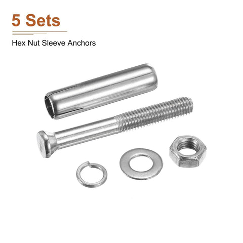 Three Eighths Inch Hex Nut Sleeve Anchors 3 Inch Length 5 Pack 304 Stainless Steel Silver Finish For Concrete Drywall Brick And Block Walls Durable Anchor Fasteners For Reliable Hold In Masonry And Structural Applications
