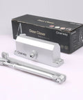 Silent Glide Hydraulic Door Closer delivers featherlight soft close, silver aluminum finish with mounting hardware and box.