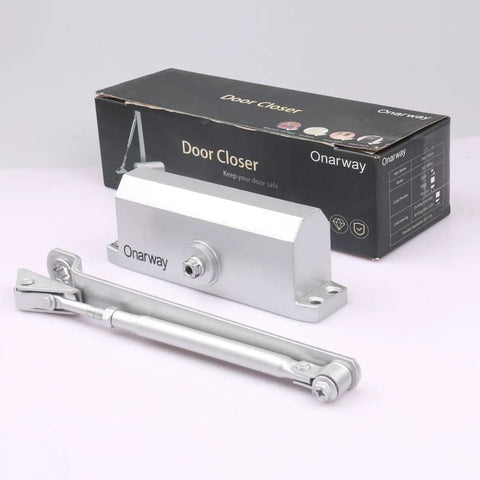 Silent Glide Hydraulic Door Closer delivers featherlight soft close, silver aluminum finish with mounting hardware and box.