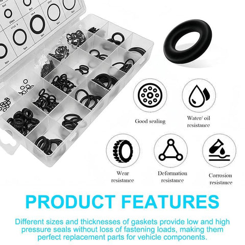 225-piece nitrile rubber O-ring kit in a clear plastic organizer, 18 sizes (3–22 mm), black