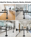 Wall Mounted Retractable Belt Barrier Two Pack For Crowd Control With 10 Foot Belts in various public spaces.