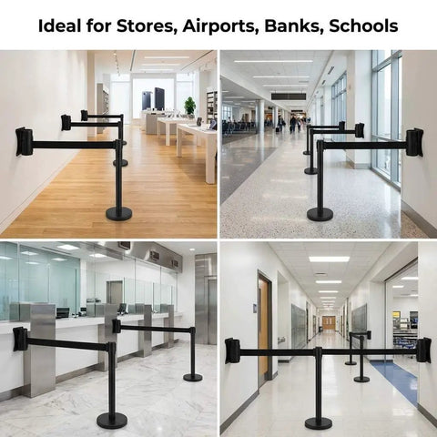 Wall Mounted Retractable Belt Barrier Two Pack For Crowd Control With 10 Foot Belts in various public spaces.
