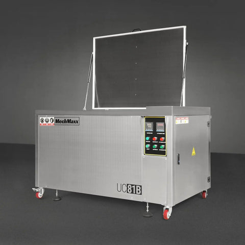 Industrial Ultrasonic Parts Washer UC81B Heavy Duty Workhorse Built For 81 Gallon Tank With 28KHz Power, 40 Transducers, SS304 Build, 10kW Heater, 208 240V Three Phase For Deep Cleaning Metal And Precision Parts, front view
