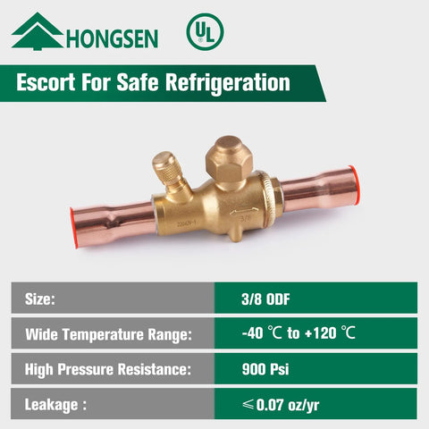 Front view of HongSen brass refrigeration ball valve with 3/8 ODF copper tube fittings