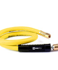 Top Shelf Heavy Duty Air Compressor Hose 30 Feet Long 1/4 Inch Diameter 300 Psi Max with yellow rubber hose and brass fittings.