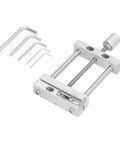 Compact Aluminum Alloy Bench Vise With Drill Press Mount For Woodworking And Engraving Features Ninety Millimeter Jaw Opening and included hex keys.