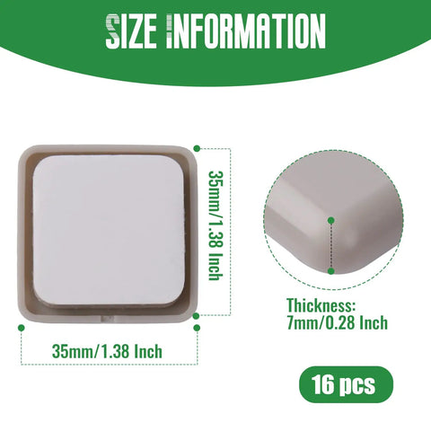 Size information for Premium Square Furniture Sliders For Chairs And Tables 16 Pack, measuring 35mm square and 7mm thick.