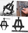 Heavy Duty Dirtbike Chain Tensioner And Motorcycle Chain Adjuster Hand Tool crafted from steel, shown in use for chain alignment.