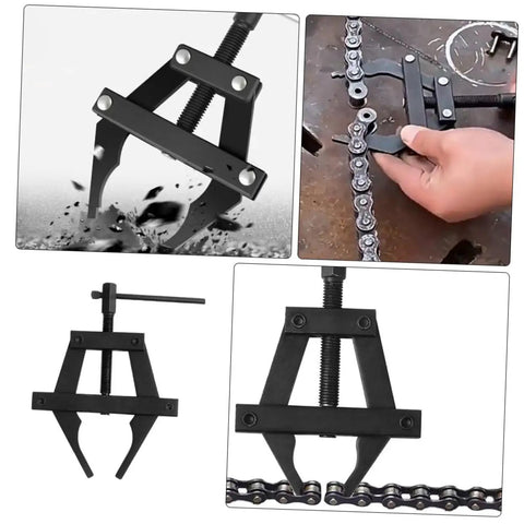 Heavy Duty Dirtbike Chain Tensioner And Motorcycle Chain Adjuster Hand Tool crafted from steel, shown in use for chain alignment.