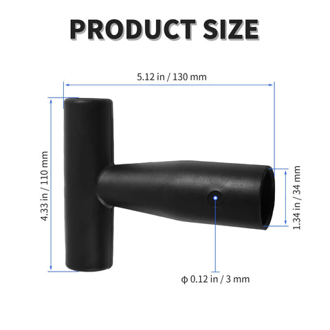 Two Pack Black T Shaped Shovel Grip Handles, PVC Plastic Spade Replacement Grips with dimensions shown in inches and millimeters.
