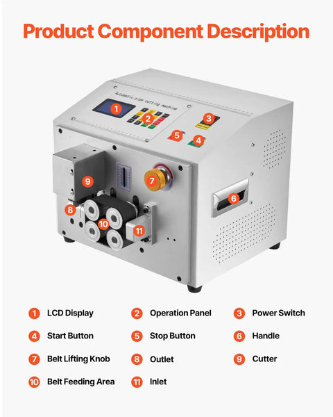 Automatic Heat Shrink Tube Cutter With Lcd Display showing operation panel, cutter, and belt feeding area for PVC PE silicone tubes.