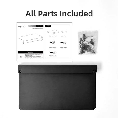 17 Inch Black Corner Desk Extender For L Shaped Workstations with included assembly parts and user manual.