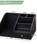 Premium PU Leather Desk Organizer With Drawer And Four Compartments Vertical File Holder And Magazine File Holder Desktop Office Storage In Sleek Black A Dope Gift For Men Who Have Everything; detailed view with measurements.