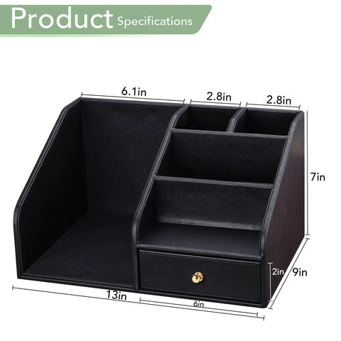 Premium PU Leather Desk Organizer With Drawer And Four Compartments Vertical File Holder And Magazine File Holder Desktop Office Storage In Sleek Black A Dope Gift For Men Who Have Everything; detailed view with measurements.