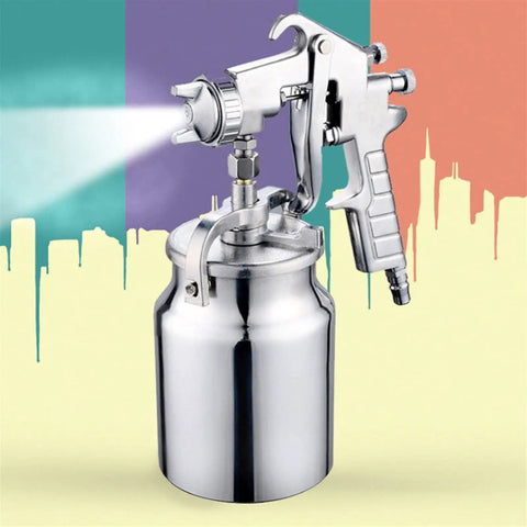 Pro Grade Pneumatic Spray Gun And Heavy Duty Airbrush Sprayer With 1000ML Aluminum Hopper shown with metal body and spray nozzle.
