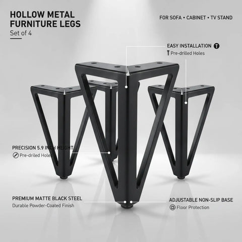 Replacement Feet for Sofas and Cabinets, 5.9 Inch Hollow Steel Furniture Legs in Matte Black, 4 Pack shown from angle