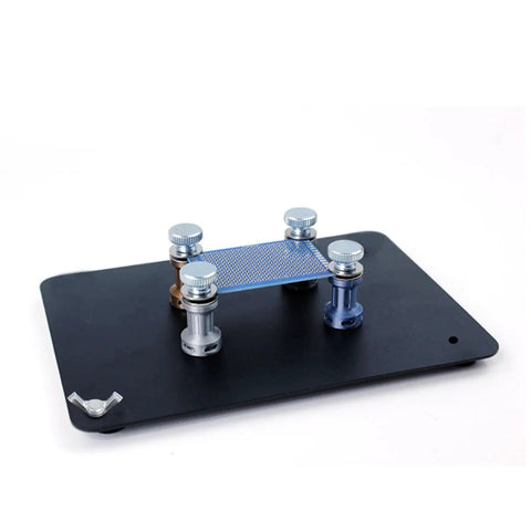Adjustable PCB Holder with Heat Resistant Base for Soldering and Circuit Board Repair, metal clamps on black base