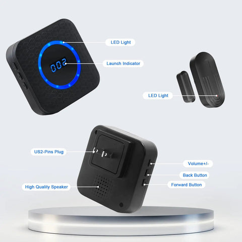 Wireless Door Chime for Home and Office, Easy Plug In Receiver, No Wiring, Door Window Sensor, 500 Ft Range, 55 Chimes, 5 Volume Levels, Adjustable Number Display, Simple Setup, Real Time Alerts. Black receiver and sensors with LED light.