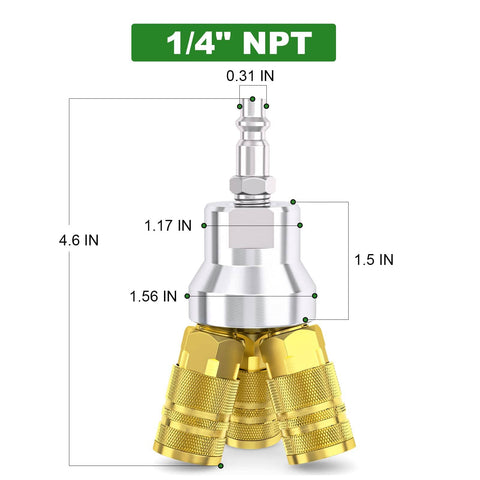 Three Way Aluminum Air Manifold And Splitter For Pneumatic Hoses, 1/4 inch NPT, Four Port Quick Connect Socket, Heavy Duty, Corrosion Resistant