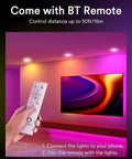 Hand holding BT remote in room with Smart 4 Inch RGB Color Changing Recessed Lights Kit Dope Mood Lighting.