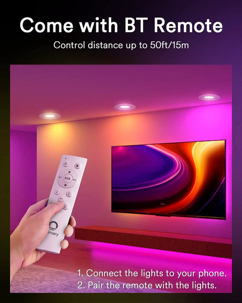 Hand holding BT remote in room with Smart 4 Inch RGB Color Changing Recessed Lights Kit Dope Mood Lighting.