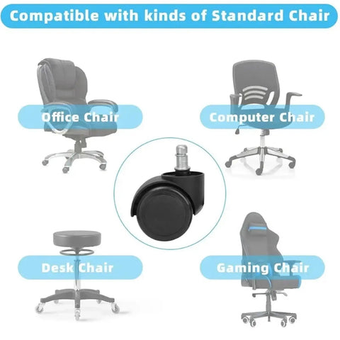 Image of Easy Click Swap 2 Inch Silent Caster Wheels For Office And Gaming Chairs Heavy Duty Soft Rubber Tires shown on multiple chair types.