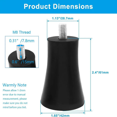 Product dimensions of heavy duty rubber furniture leg risers with M8 thread, measuring 2.4 inches tall for stability.