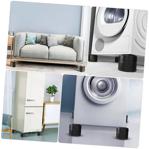 Collage showing 4 Pack Non Slip Washing Machine Pads Heightened Anti Vibration Feet Base under couch, washer, fridge for noise reduction.