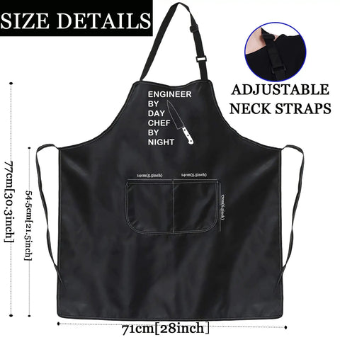 Funny Engineer Kitchen Apron Gift For Gearheads Engineer By Day Chef By Night Theme Apron Waterproof With Adjustable Neck Strap 28x26 Inch Cooking Apron For Home Cooks And Cooking Lovers with size details and adjustable strap close-up.
