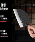 Hand holding Serbian Chef Cleaver Knife With Leather Sheath 5.8 Inch Hammered 3CR13 Blade with sandalwood handle.