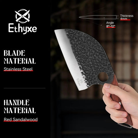 Hand holding Serbian Chef Cleaver Knife With Leather Sheath 5.8 Inch Hammered 3CR13 Blade with sandalwood handle.