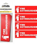 High Visibility Fire Extinguisher Sticker Set for Office and Commercial Spaces No Brainer Safety Sign for Landlords and Short Term Rentals 6x2 Inches Includes Four Labels for Quick Access and Compliance, showing red stickers with white fire extinguisher icons.