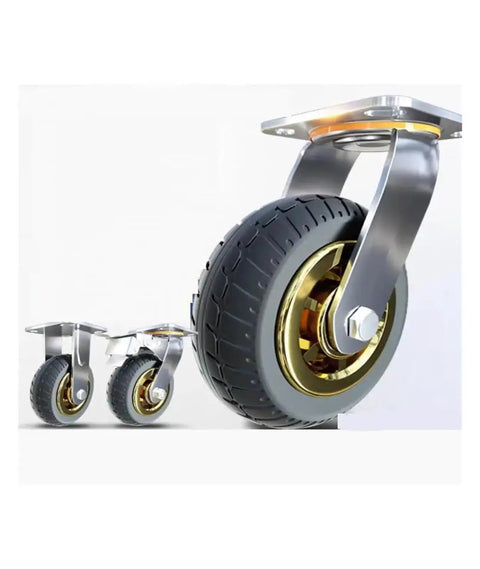 Four Pack Of Eight Inch Heavy Duty Rubber Swivel Casters That Roll Like Butter Stem Mount Design With Solid Directional Brake Combo for shop cart upgrades, close-up of swivel caster.