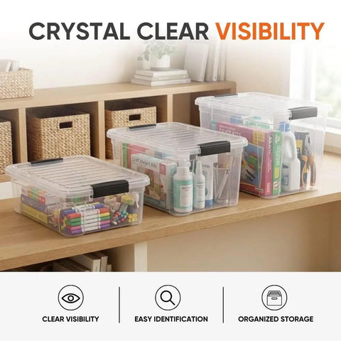 12 Pack 21 Qt Clear Storage Bins With Snap Tight Lids Stackable Plastic Containers Bpa Free Non Toxic Odor Free Bulk Sorting Tubs For Home Organization, displaying craft supplies.