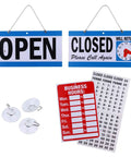 Open Sign Bundle With Business Hours Clock, Will Return Clock, Double Sided Open Closed Sign With Suction Cups set display
